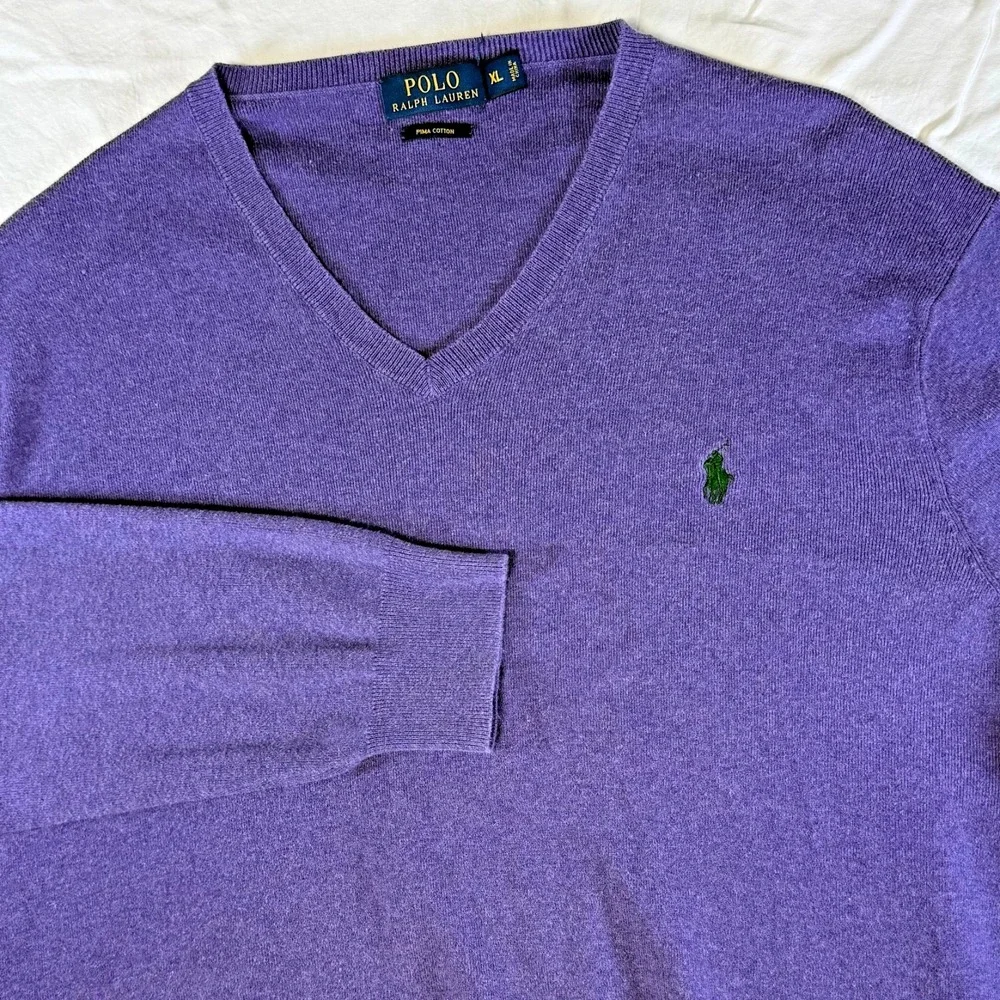 Polo Ralph Lauren Purple V-Neck Sweater Pima Cotton Blue Pony Logo Men's Size XL